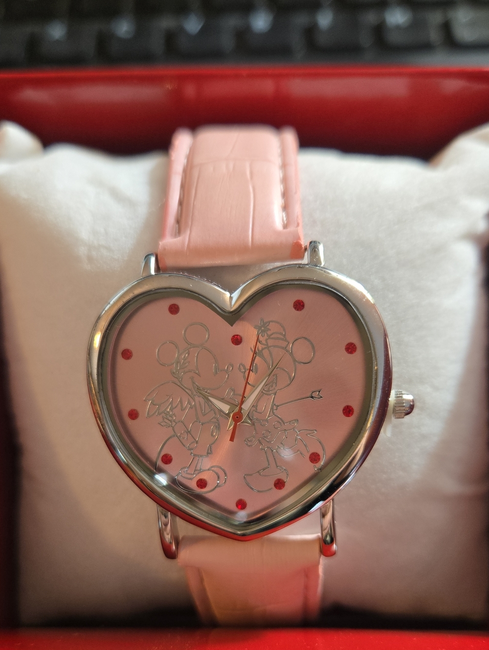 NIB - Disney "Be My Valentine" Mickey & Minnie Pink & Silver Heart Shaped Watch